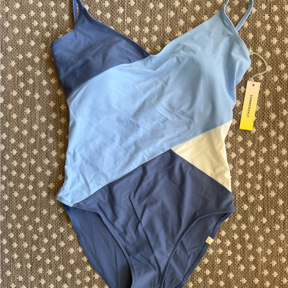 summersalt Diagonal Colorblock One-Piece in Light Blue, Navy & White
